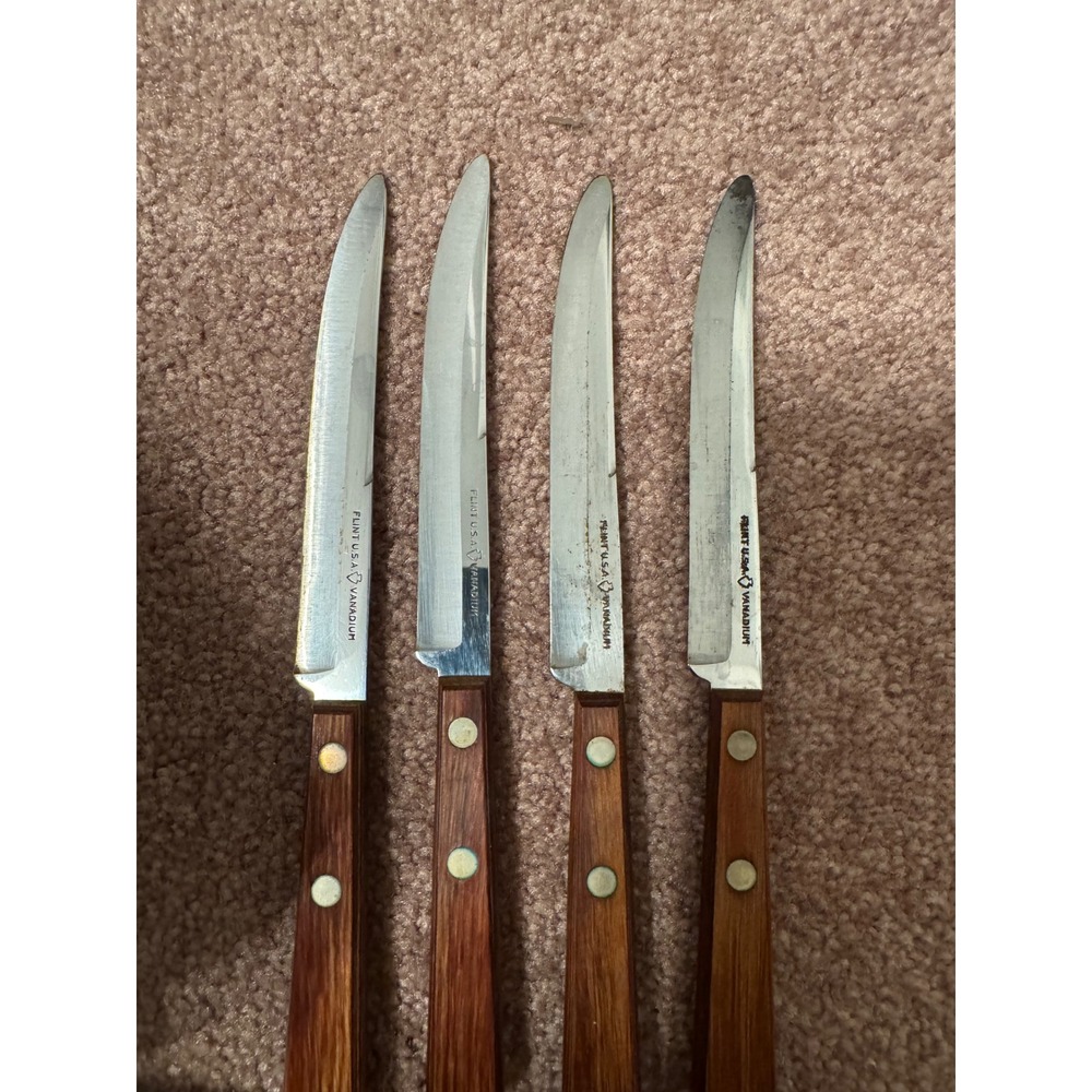 Vintage Flint USA Vanadium Steak Knife Set of 4 Hardwood Holders Original Box